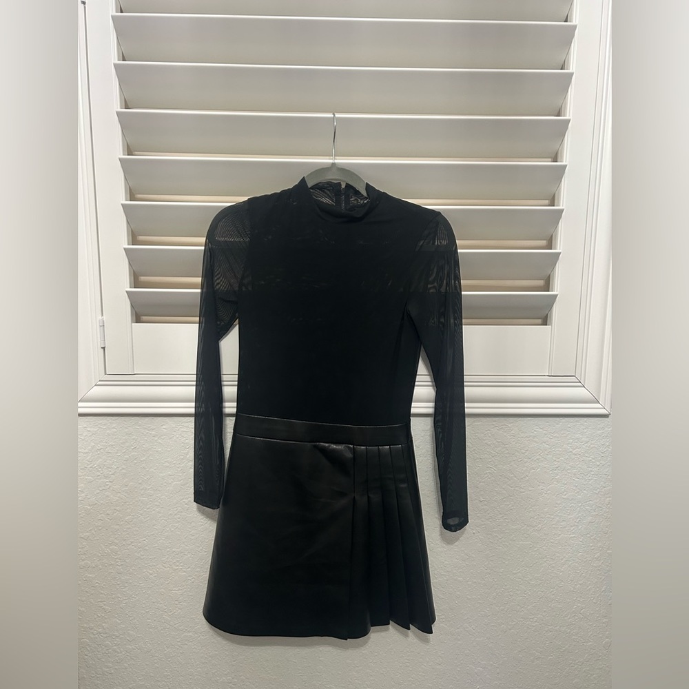Alice and Olivia Chara Long-Sleeve Vegan Leather Pleated Mini Dress